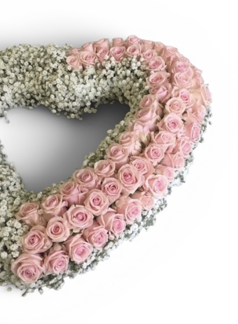 Gypsophila & Pink Rose Open Loose Heart Funeral Tribute