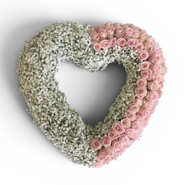 Gypsophila & Pink Rose Open Loose Heart Funeral Tribute