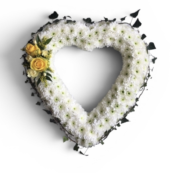 Yellow Rose & Ivy Open Based Heart Funeral Tribute