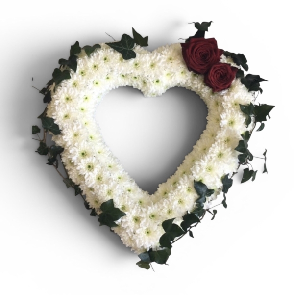 Red Rose Ivy Open Based Heart Funeral Tribute