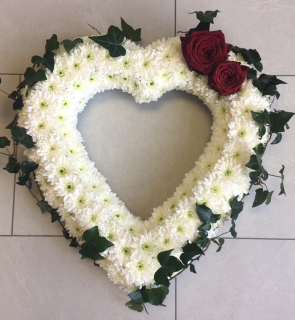 Red Rose Ivy Open Based Heart Funeral Tribute