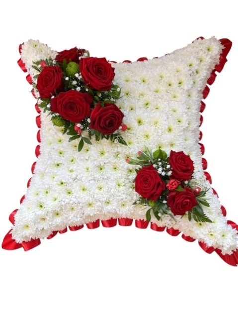 Red & White Cushion Funeral Tribute
