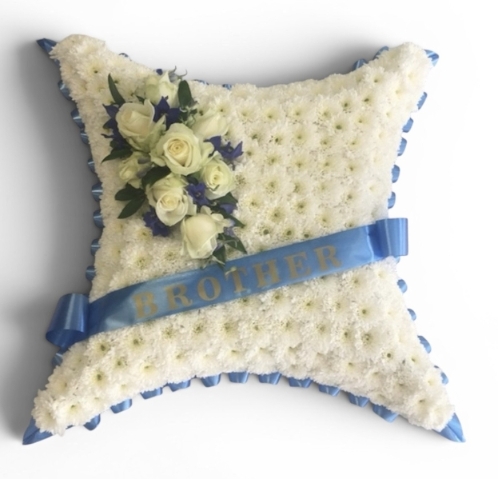 Blue & White Cushion Funeral Tribute