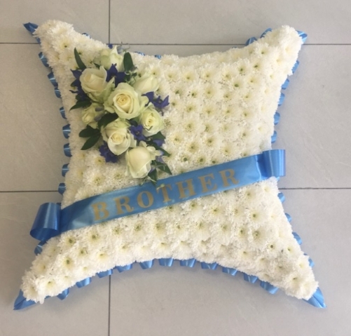 Blue & White Cushion Funeral Tribute