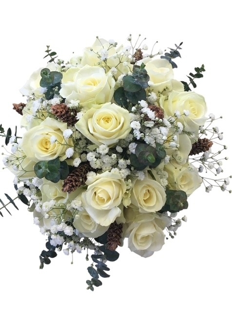 Cream Roses, Gypsophila & Cones