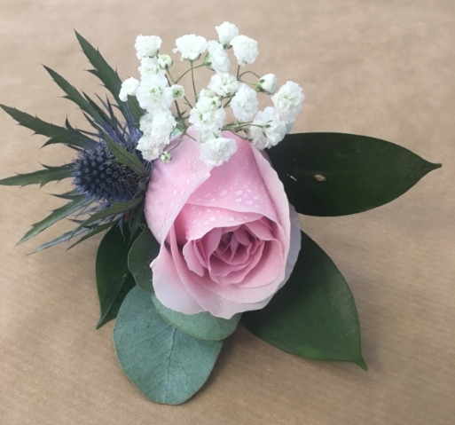 Pink Rose, Thistle & Gypsophila Buttonhole