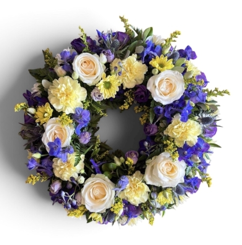 Yellow, Cream & Purple Wreath Funeral Tribute